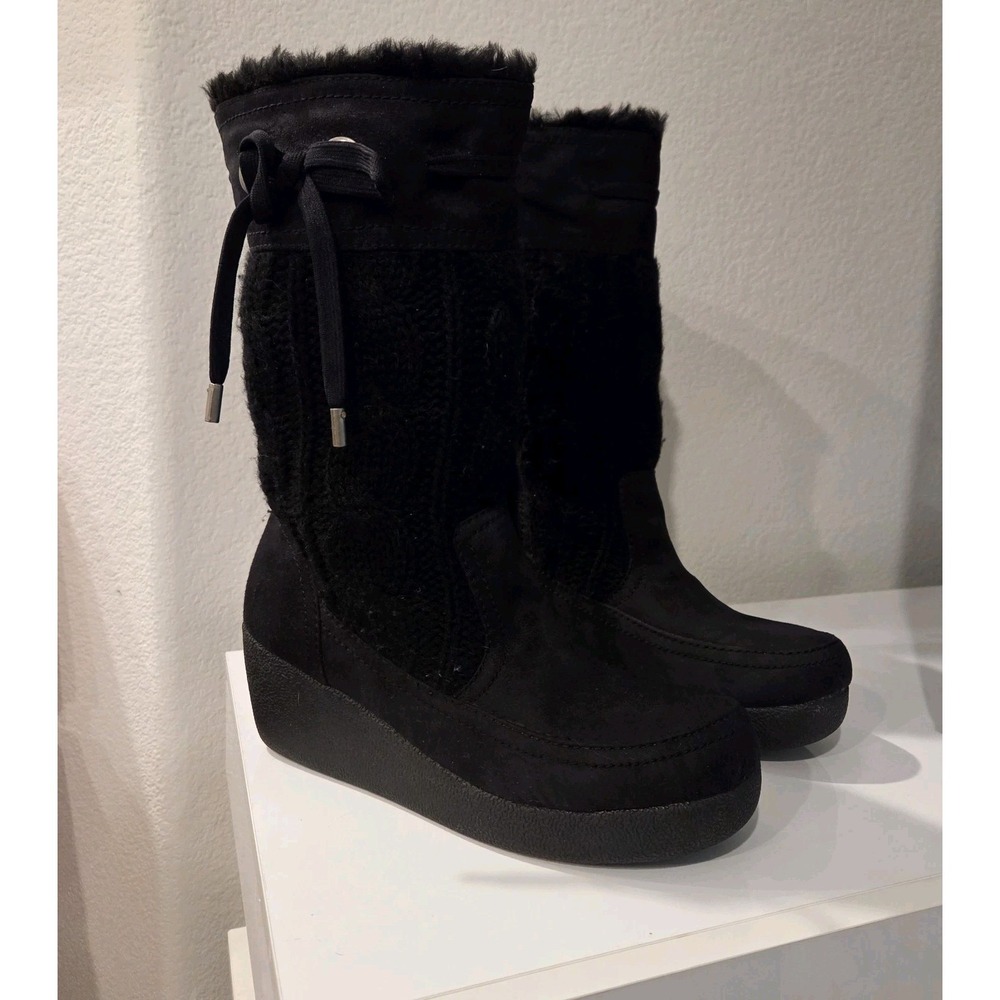 Womens Black Suede Wedge Boots Size 9M Cable Knit Fur Trim Side Zip Mid Calf